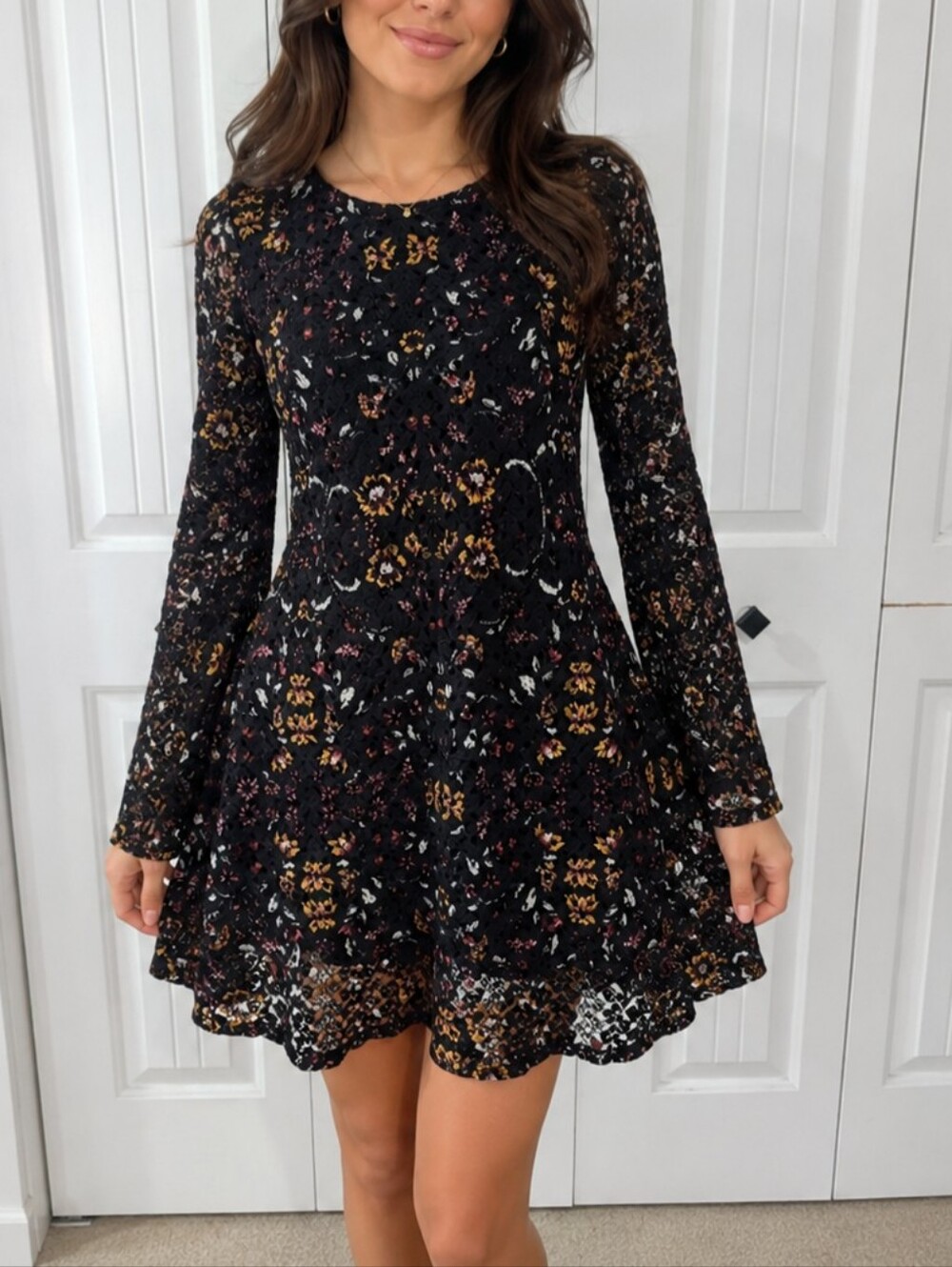 Xhilaration Black Floral Lace Long Sleeve Dress - Size M